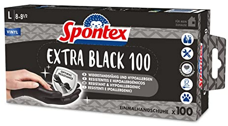 Spontex Extra Black Einmalhandschuhe aus Vinyl, ungepudert und latexfrei, vielseitig einsetzbar, in praktischer Spenderbox, Größe L, 100er Pack, schwarz