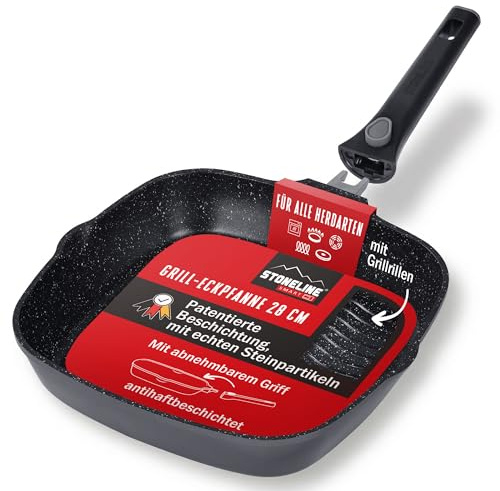 STONELINE SMART Grillpfanne 28 cm, Große Steak Pfanne Aluguss, Abnehmbarem Griff, Pfanne Induktion, Alle Herdarten, Antihaftbeschichtet mit echten Steinpartikeln, Grau