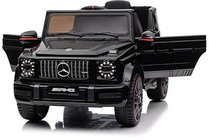 FINOOS Mercedes G63 AMG Elektroauto für Kinder, 12V, elektrische Kinder elektroauto mit Fernbedienung, 2 + 1 Geschwindigkeitsstufen, Hupe, LED, Musik, USB (Schwarz)