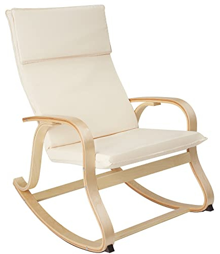 tectake® Holz Schaukelstuhl, Schaukelsessel mit Armlehnen, Rocking Chair, Sessel für Wohnzimmer, Babyzimmer, als Stillstuhl oder Sessel Schlafzimmer, Möbel mit Auflage und Kissen bis 150kg - beige