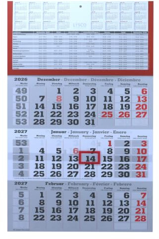 3 Monats Wandkalender 2027 mit Datumsschieber in Rot, inkl. Ferienübersichten und Jahresüberblick 2027 und 2028 Dreimonatskalender werbefrei, 3 Monatskalender
