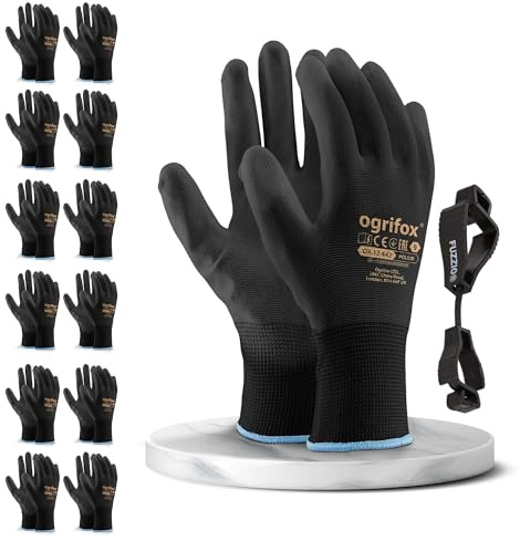 FUZZIO 12 Paar Arbeitshandschuhe Herren Gr 9, Mechaniker Handschuhe, Gartenhandschuhe Herren, Arbeitshandschuhe Damen, Montagehandschuhe, Polyurethan Beschichtung mit Handschuhclip