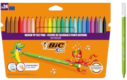 BIC Kids Filzstifte Kid Couleur, Fasermaler zum Malen in 24 auswaschbaren Farben, mit stabiler Spitze, im Karton Etui, ab 5 Jahre