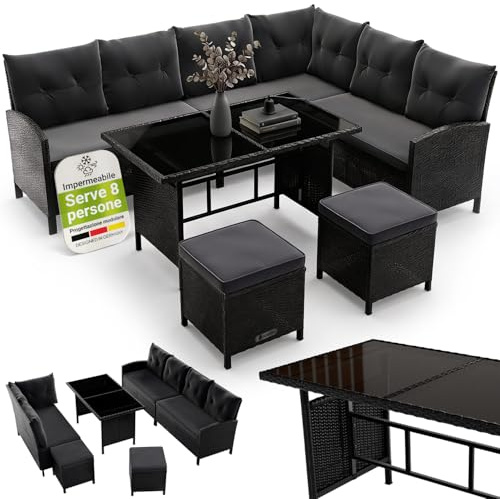 Juskys Polyrattan Lounge Manacor mit Ecksofa, Esstisch, 2 Hocker & Kissen - wetterfest bis 7 Personen - Bezüge waschbar - Rattan Garten Sitzgruppe Gartenlounge Gartenmöbel Set - Schwarz/Grau