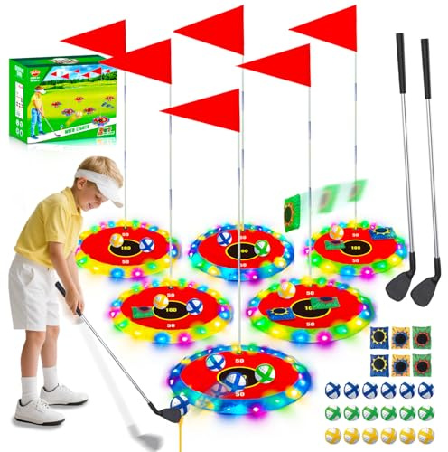 VATOS Leuchtendes Golfspielset für Kinder, 2-in-1-Golf- und Wurfspiel, 16 Bälle, 2 Schläger, 6 beleuchtete Ziele, Spielset für drinnen und draußen, Geschenk 3-8 Jahre