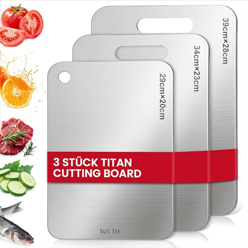 Titan Schneidebrett Set 3 Stück - S316 Edelstahl Schneidebrett, Titanium Cutting Board, Doppelseitiges Lebensmittel Grade Schneidebretts, Titanium Cutting Board für Fleisch, Obst,Gemüse