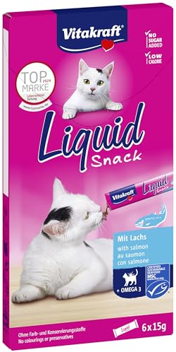 Vitakraft Liquid Snack, Katzen Leckerli, Katzensnack cremig, mit Lachs und Omega 3 Fettsäuren, in einzelnen Sachets, für gesunde Haut (1 Paket mit 6x 15g)