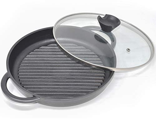 joeji's Kitchen Grillpfanne Induktion mit Glasdeckel 27cm - Aluminiumguss Antihaft - Pfanne Grill Steakpfannen Bratpfanne PFOA-freie