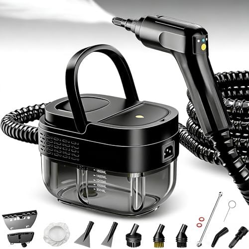 Dampfreiniger Handgerät 2500W, 1600ML Wassertank, 3-Stufig Verstellbarer Griff, 105℃ Hochtemperatur & 3 Bar Druck, 15s Schnelle Aufheizung, 10 Zubehörteile, für Auto/Fenster/Küche (Schwarz)