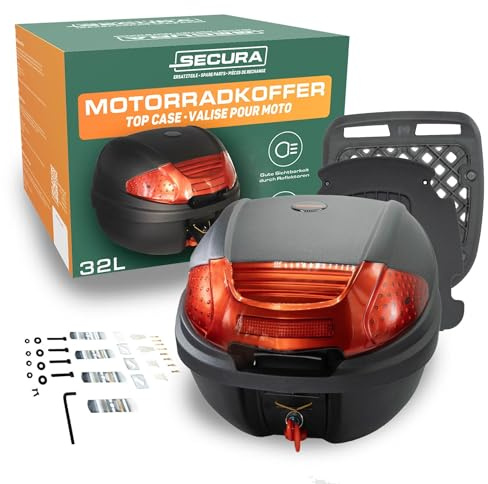 Secura Motorradkoffer Topcase schwarz 32 L abschließbar mit Rücklicht und Halterung | Topcase für Motorrad Quad Zubehör Koffer hinten | Top Case Gepäckträger Koffer Motorrad Box
