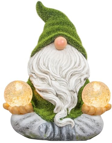 TERESA'S COLLECTIONS Lustige Gartenzwerge Gartendeko für Draußen Gartenfiguren Wetterfest Figur Yoga Zwerg Beflockte mit Zwei Glaskugel Solarleuchte Gartenwichtel Geschenk Muttertag Vatertag,15cm(M)