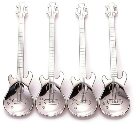 AYOMI Kaffee- bzw. Teelöffel aus Edelstahl mit Katzenköpfen, 4-teilig, feinpoliert gitarre