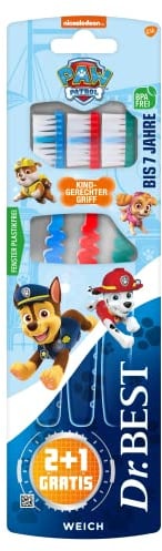 Dr.BEST Paw Patrol Zahnbürste, Weich (2 Stück + 1 Stück Gratis), weiche Borsten und kindgerechter Griff