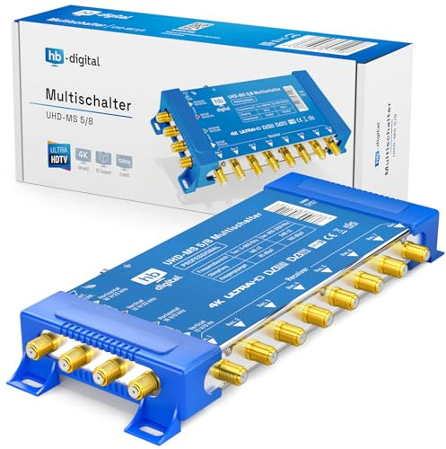 hb-digital 5/8 Multischalter mit externem Netzteil für 8 Teilnehmer und 1 Satellit – nur für Quattro LNB geeignet UHD 4K Full HD DVB-S/S2 – terrestrischer Eingang – vergoldete F-Anschlüsse