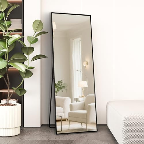AUFHELLEN Ganzkörperspiegel 140x50cm mit Schwarz Metallrahmen Standspiegel HD Groß Wandspiegel mit Haken für Wohn-, Schlaf- und Ankleidezimmer Spiegel