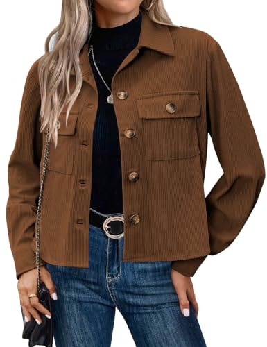 Hotouch Jacken Damen Übergangsjacke Leicht Blouson Jacke Kurz Cordjacke | Button Down, Casual Herbstjacke, Kurzjacke Herbst Winter, Dünne Jacke Langarm, mit Taschen