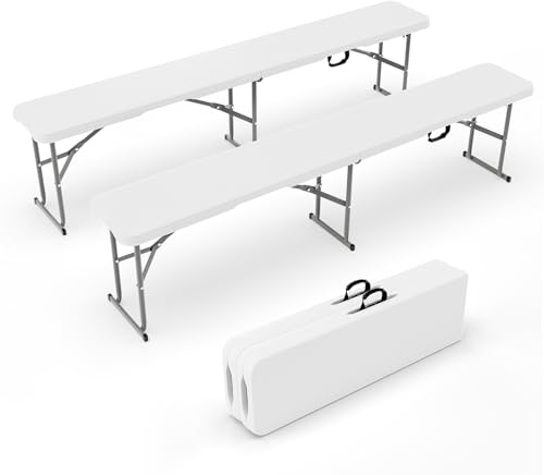 Bonnlo 2er-Set Klappbank – Gartenbank Wetterfest aus Kunststoff, Sitzbank Flur, Bierbank, ideal für Garten, Camping & Outdoor, 182 x 28 x 43 cm, Weiß