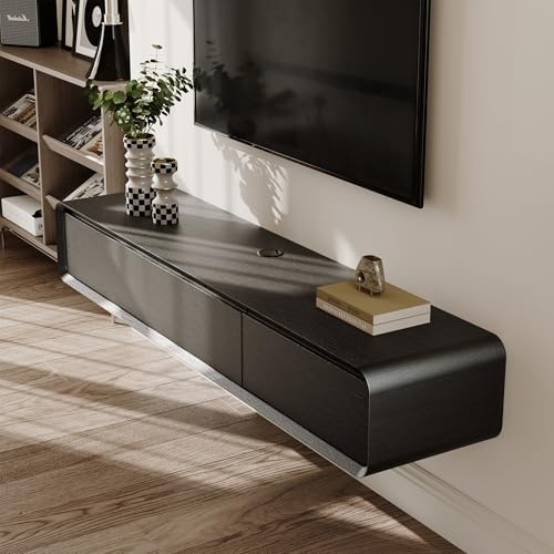 POVISON TV Schrank schwebend 160cm schwarz modern Walnussholz aus Massivholz mit 3 Schubladen, TV Lowboard hängend mit Kabelmanagement hochwertig, Komplettmöbel mit Stauraum für Wohnzimmer