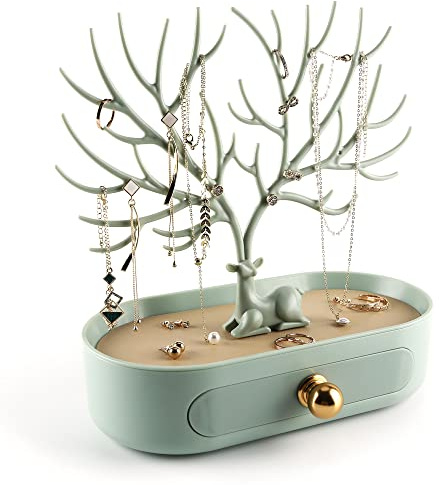 MORE&LESS Aluminiumlegierung Griff Geweih Schmuck Display-Rack Baum Turm hängenden Ring Ohrringe Halskette Armband Aufbewahrungsrahmen Geweih Baum Rack mit Aufbewahrungsschublade und Tablett