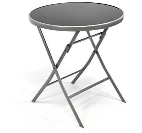 NEXOS Klappbarer Bistrotisch Lara aus Metall/Glas - Ø 70 cm | stabil und witterungsbeständig - Glasplatte Schwarz – Gestell Silber