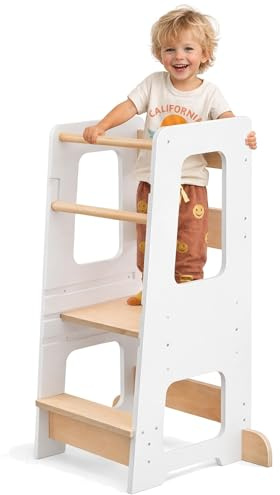 KYWAI® – Montessori Lernturm ab 1 Jahr, aus robustem Holz, Premium-Modell in Großformat, Learning Tower mit Doppelter Sicherheitsbarriere, Antirutschstreifen, Höhenverstellbar