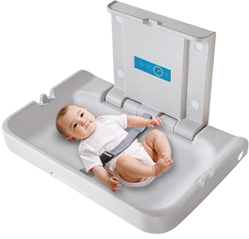 KSITEX Wandmontierter Wickeltisch, klappbarer Wickeltisch, Wickelstation mit Sicherheitsgurt, horizontaler Wickeltisch für Windeln, Wickelstation für öffentliche Toiletten