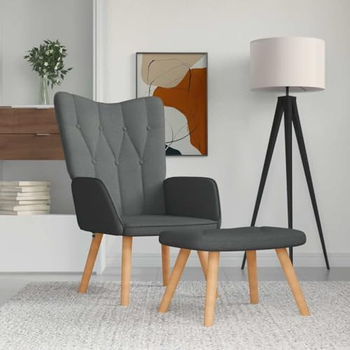 YunCangg Relaxsessel mit Hocker Dunkelgrau Stoff, ergonomisch gepolstert mit Armlehne und Rückenlehne, stabilem Stahlrahmen, Holzbeinen, ideal für Wohnzimmer, Büro, Leseecke, Lounge und Kaminbereich