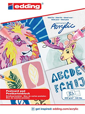 edding 30010 Acryl-Postkartenblock - weiß - 20 Blätter in A6-300 g/m² dickes Acrylpapier - Leinwandähnliches Papier für Acryl- und Ölfarbe, säurefrei, ideal für jedes künstlerisches Niveau