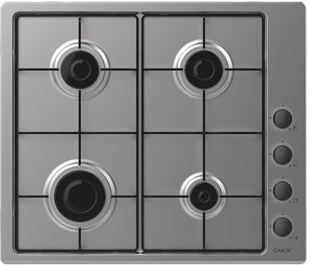 Candy Idea CHW6LBX/4U2 Gaskochfeld, 4 Flammen, 60 cm, anpassbar an Butangas, 7,2 kW Leistung, unabhängige seitliche Griffe, 2 Gitter, Flammensicherheitssystem, Edelstahl