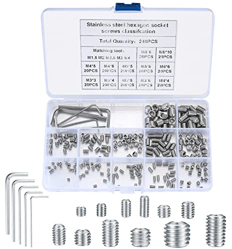 240 Stück Madenschrauben Sortiment Set, Innensechskant Gewindestifte mit Schraubenschlüssel, Sechskantkopf Schrauben für Türgriffe, Wasserhahn - M3/M4/M5/M6/M8