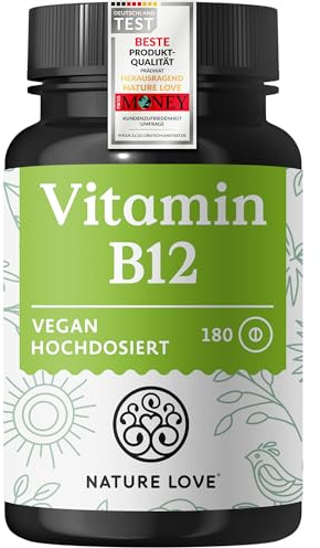 Nature Love Vitamin B12-180 Tabletten - 500 µg pro Tablette - Beide aktiven Formen (Adenosyl- & Methylcobalamin) & Depotform - Ohne synthetische Zusätze, hochdosiert, vegan, laborgeprüft