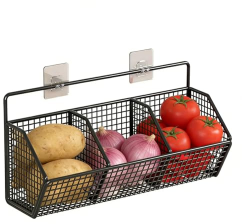 MIUUIPI Obstkorb Hängend, Wandkorb Metall mit 3 Fächern, Hängekorb Küche ohne Bohren, Obstkorb Wand, Obstständer Obstregal, Wand Aufbewahrungskörbe für Gemüse, Obst und Brot (Schwarz)