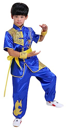 Chinesische Uniform für Jungen und Mädchen, Kung-Fu-Meister, Tai Chi, Drache, Oberteil, Hemd, Hose, Set, Blau, 9-10 Jahre