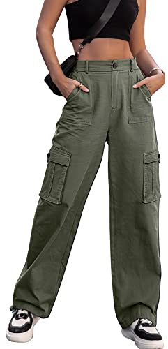 Dordanity Y2K Cargohose für Damen Baggy Hosen High Waist Wanderhose Baumwolle Arbeitshose mit Multi Taschen(Olivgrün,L)