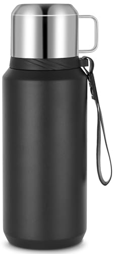 Edelstahl Thermosflasche mit Becher - 800ml Thermoskanne Doppelwandige Isolierkanne - Auslaufsicher und BPA-frei Thermos für Hält Getränke Heiß & Kalt - Schwarz