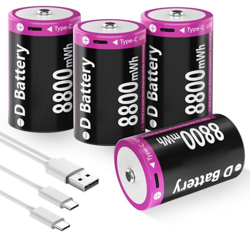 Wiederaufladbare D Akku, 8800mWh Hohe Kapazität 1.5V D Zellen Lithium Batterien Schnellladung über USB-C, D Größe Batterie Typ D Akkus (4 Stück)