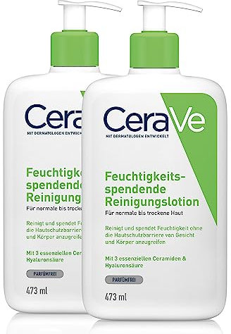 CeraVe Feuchtigkeitsspendende Reinigungslotion für Gesicht und Körper, Sanft reinigend ohne Schaum, Für normale bis trockene Haut, Mit Hyaluron und 3 essenziellen Ceramiden, 2 x 473 ml