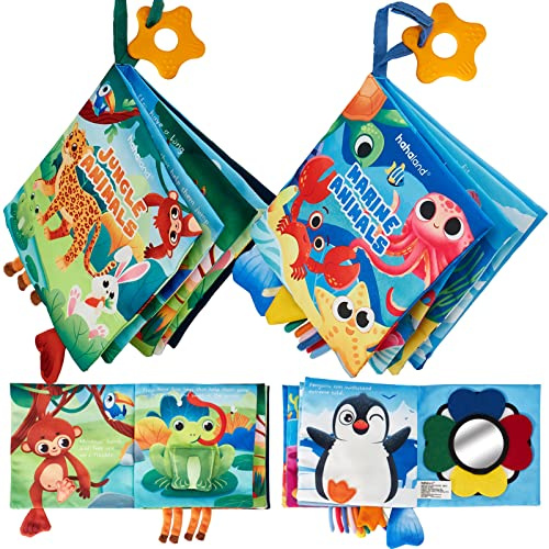 hahaland Baby Spielzeug 0-6 Monate Stoffbuch 2 Stück,Tierschwänze Interaktive Fühlbuch Knisterbuch,Sensorisches Babybuch mit Spiegel Rassel,Weichen Stoff Bücher für Neugeborene Baby Geschenk