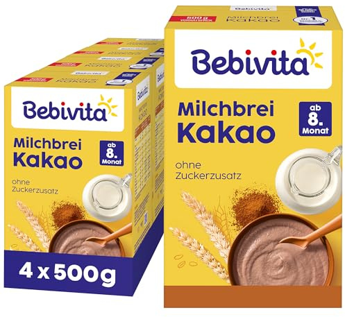 Bebivita Milchbrei Kakao (4x500g), ab 8. Monat, mit wertvollen Mineralstoffen und Vitaminen, ohne Zuckerzusatz, gut sättigend