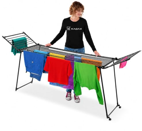KADAX Wäscheständer ausziehbar, 20m Trockenfläche, 247x60x88cm, Standtrockner mit großer Trockenfläche, klappbarer Wäschetrockner, ausziehbarer Flügelwäscheständer (Schwarz)