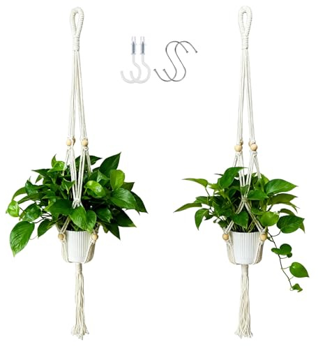 HahaMagic 2 Pack Blumenampel hängend innen, Makramee Pflanzenhänger Boho mit Quaste, 2 S-Haken & 2 Deckenhaken. Handgefertigte Blumenampel aus Baumwolle für Zimmer Deko(ohne Topf)