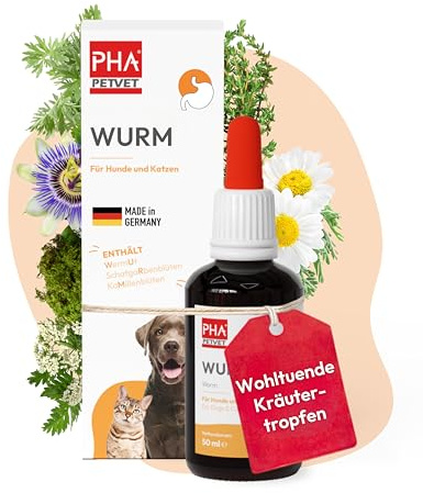 PHA Wurm Tropfen Hund & Katze, Kräuter mit Wermut, Thymian & Schafgarbe | Aus Deutschland, natürliche Kräutermischung, unterstützt Darm & Verdauung, mit pflanzlichen Inhaltsstoffen, 50 ml