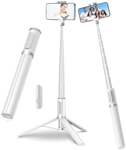 TONEOF 170CM Magnetisches Selfie Stick Stativ, Ausziehbar All-in-1 Stativ Handy Einbeinstativ aus Aluminium mit Kabelloser Fernbedienung&10 Teleskopstange,Stative für iPhone/Android-Weiß