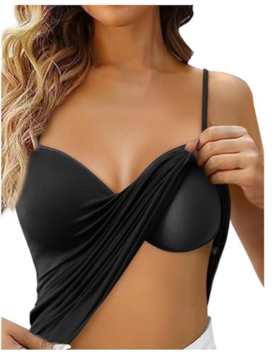 Generisch Top mit Integriertem BH Damen Baumwolle Unterhemden & BH-Hemden Ohne Bügel Spaghetti Tank Tops Mit Cups Einfarbige Bequeme Baumwolle Built In Bra BH Hemd Frauen Camisole