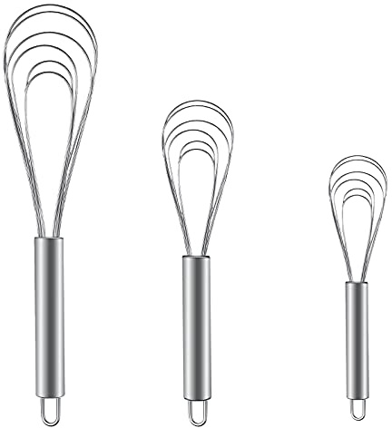3 Stücke Flacher Schneebesen Edelstahl, Profi Plus Rührbesen Flachdraht Set für Eier, Mischen, Schlagen, Aufschäumen und Rühren - Küchen Egg Whisk