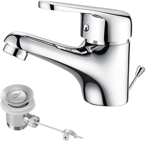 Auralum Wasserhahn Bad mit Zugstange, Einhebel Waschtischarmatur mit Ablaufgarnitur, Mischbatterie Waschbecken Armatur für Badezimmer, Chrom