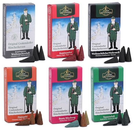 Crottendorfer Räucherkerzen Weihnachtsdüfte 6er Pack (6 x 24 Stück) – Weihnachtlicher Weihrauch, Kaminzauber, Bunte Mischung, Tannenduft, Zimtapfel, Adventsduft – Höhe 2,7cm, Ø 1,2cm – 15 Min. Brennd.
