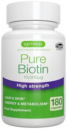 Reines Biotin 10.000 mcg, 180 vegane D-Biotin Vitamin B7 Kapseln, ideal für Haut, Haare & Nägel, hypoallergen & laborgeprüft von Igennus