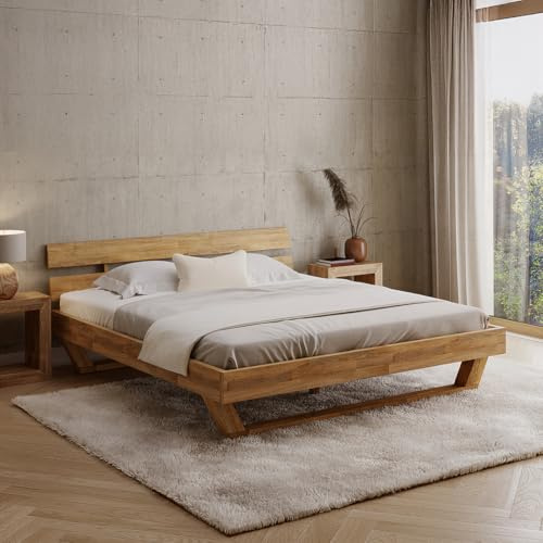 skølm Nornir Massivholzbett 180x200 cm – Bettrahmen aus Massivholz Eiche geölt – hochwertiges Holzbett mit Kufen Bettbeinen– Bettgestell mit 2 Streben als Bettkopf – geeignet als Doppelbett