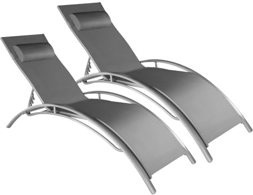 tectake 2er Set Gartenliege, Aluminium Sonnenliege, wetterfest, ideal für Garten, Balkon, Terrasse, praktischer Liegestuhl, inklusive Kopfpolster, 5-Fach verstellbare Rückenlehne - grau
